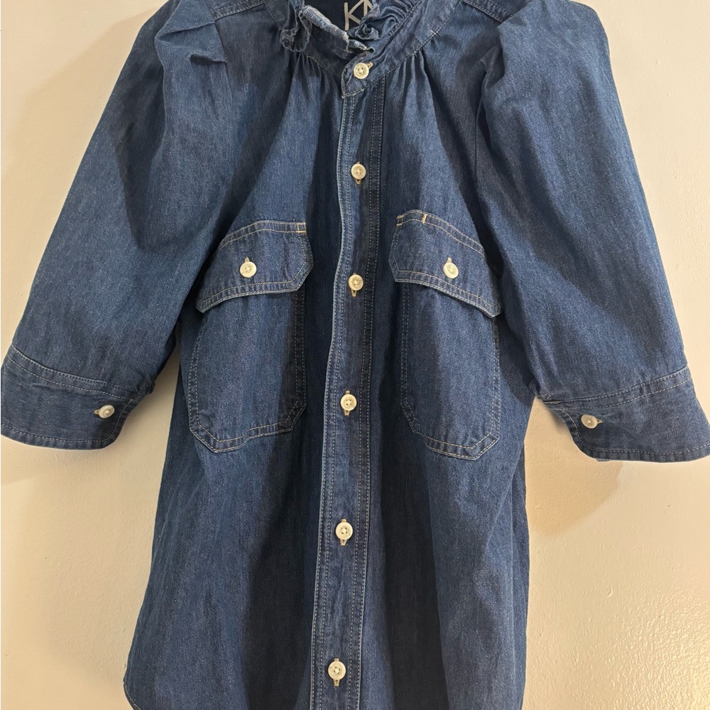 KMJ Signature Ruffle Collar Denim Botton-Down Shirt with 3/4 Sleeves, Size Small - Picture 3 of 12
